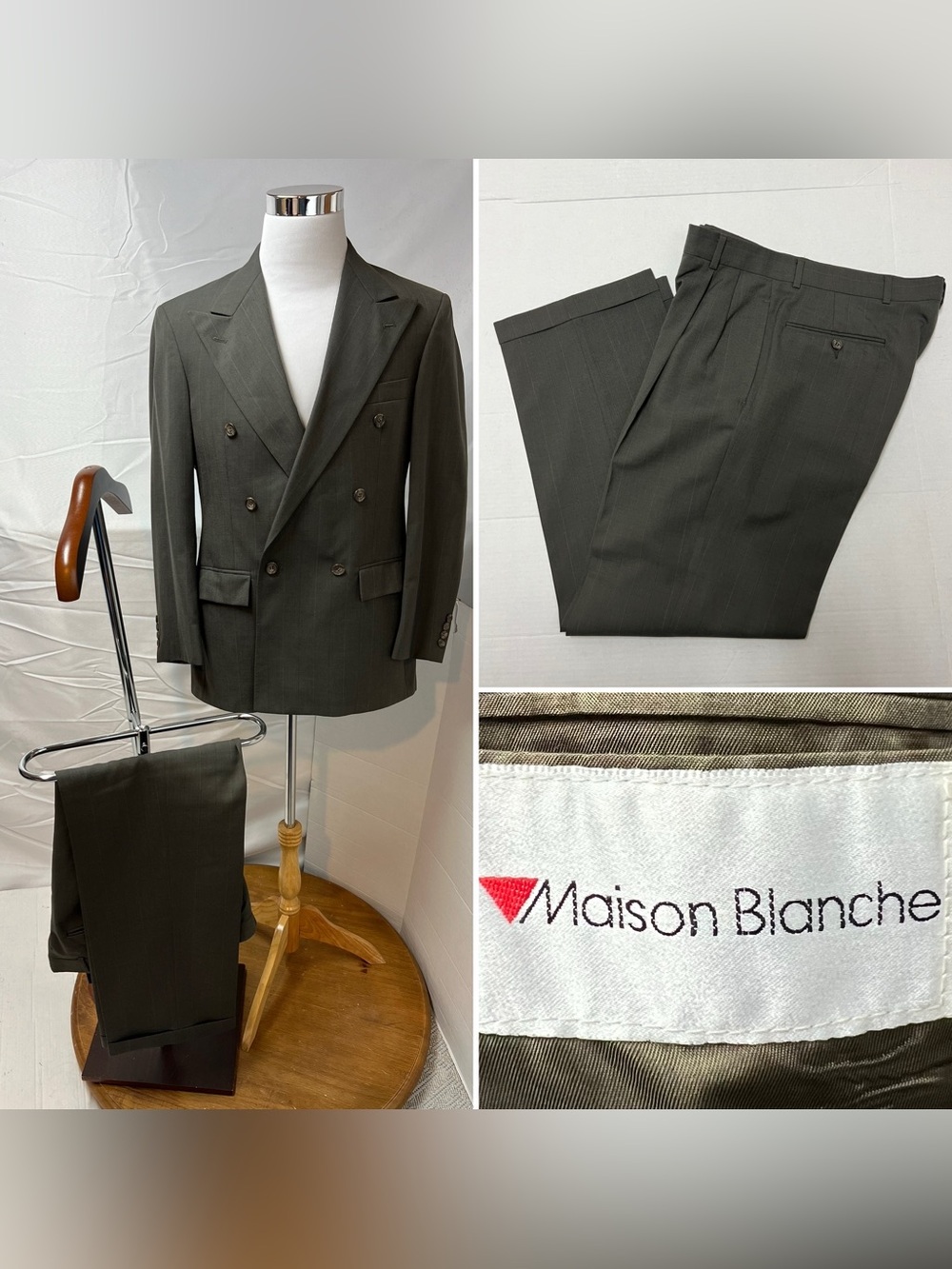 Vintage Maison Blanche Men's 40 Blazer 32x30 Olive Double Breasted Gangster Suit